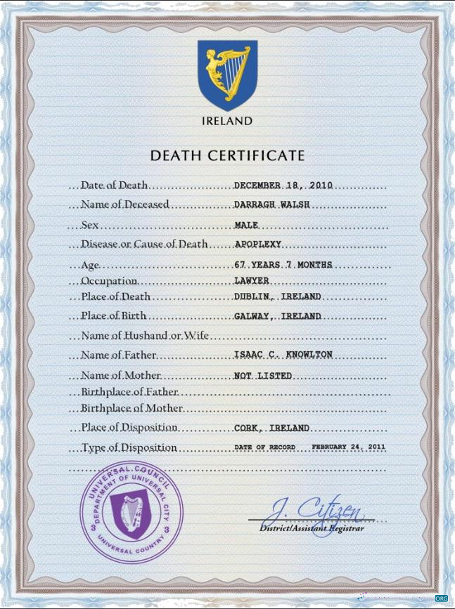 Download Ireland vital record death certificate PSD template Photoshop template